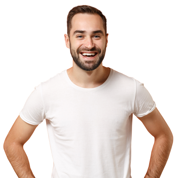Cheerful young man in white t-shirt posing